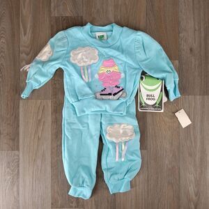 Vintage Bull Frog Baby Girl's Size 12 Months Blue Sweatshirt Top & Pants 2pc Set